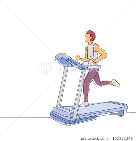 Single one line drawing man running on motorized treadmill. Sportive man on electric training machine cartoon character. Fitness club, gym tool. Continuous line draw design graphic vector illustration 102551348