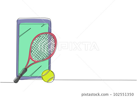 Single continuous line drawing smartphone and tennis racket and ball equipment for competition play game concept. Sport tennis tournament and championship posters. One line draw graphic design vector 102551350