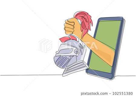 Continuous one line drawing hand holding spartan warrior knight helmet through mobile phone. Concept of video games, e-sport, entertainment application for smartphones. Single line draw design vector Continuous one line drawing hand holding spartan warrior knight helmet through mobile phone. Concept of video games, e-sport, entertainment application for smartphones. Single line draw design vector 102551380