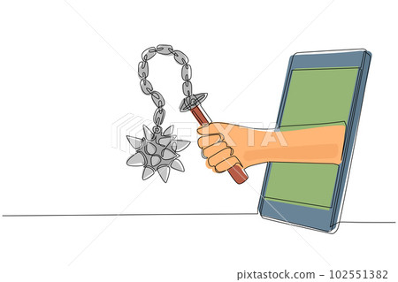 Single continuous line drawing hand holding flail with spiked ball through mobile phone. Concept of video games, e-sport, entertainment application for smartphones. one line draw graphic design vector Single continuous line drawing hand holding flail with spiked ball through mobile phone. Concept of video games, e-sport, entertainment application for smartphones. one line draw graphic design vector 102551382