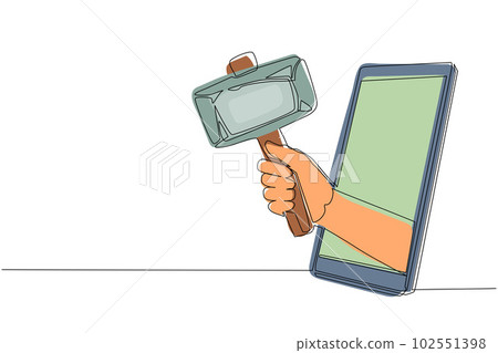 Continuous one line drawing hand holding prehistoric stone hammer through mobile phone. Concept of mobile games, e-sport, entertainment application for smartphones. Single line draw design vector Continuous one line drawing hand holding prehistoric stone hammer through mobile phone. Concept of mobile games, e-sport, entertainment application for smartphones. Single line draw design vector 102551398