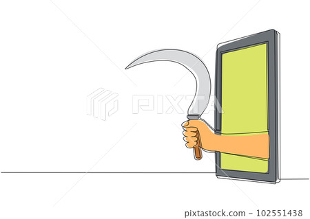Single continuous line drawing hand holding farm sickle through mobile phone. Concept of farming video games, e-sport, entertainment application for smartphones. One line draw graphic design vector 102551438
