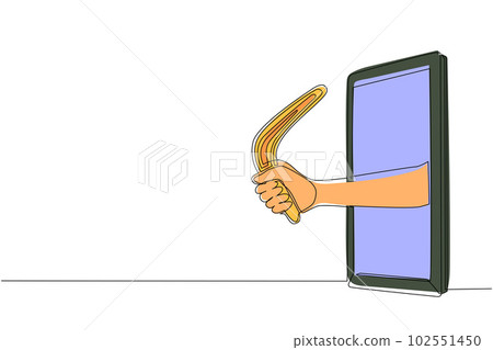 Single continuous line drawing hand holding boomerang through mobile phone. Concept of agility video games, e-sport, entertainment application for smartphones. One line draw design vector illustration 102551450