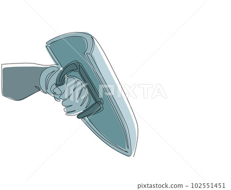 Single one line drawing hand holding shield. Hand of warrior in fighting armor holding shield. Armed man from ancient Rome during war combat. Continuous line draw design graphic vector illustration 102551451
