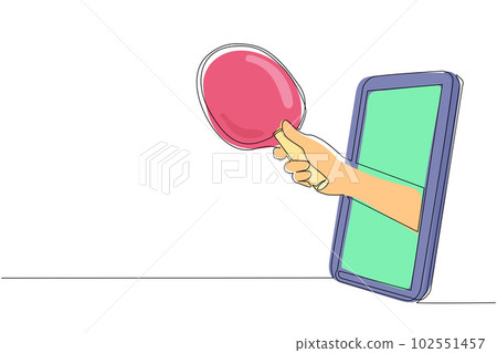 Single one line drawing player hand holds table tennis bat through mobile phone. Smartphone with ping pong games app. Mobile sports stream championship. Continuous line draw design graphic vector Single one line drawing player hand holds table tennis bat through mobile phone. Smartphone with ping pong games app. Mobile sports stream championship. Continuous line draw design graphic vector 102551457