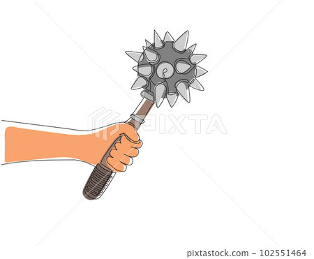 Single continuous line drawing hand holding mace weapon medieval. Military war warrior icon steel mace. Power game black iron. Heavy protection royal ball weapon. Dynamic one line draw design vector Single continuous line drawing hand holding mace weapon medieval. Military war warrior icon steel mace. Power game black iron. Heavy protection royal ball weapon. Dynamic one line draw design vector 102551464