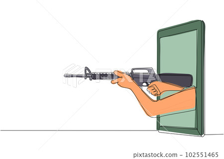 Single one line drawing hand holding M-16 assault rifle through mobile phone. Concept of battle video games, e-sport, entertainment application for smartphones. Continuous line design graphic vector Single one line drawing hand holding M-16 assault rifle through mobile phone. Concept of battle video games, e-sport, entertainment application for smartphones. Continuous line design graphic vector 102551465