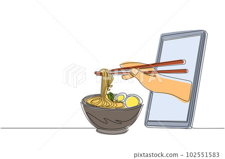 Single continuous line drawing hand holding ramen bowl with chopsticks through mobile phone. Concept of restaurant order delivery online food. Application for smartphones. One line draw design vector 102551583