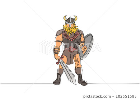 Single continuous line drawing man warrior viking in horned helmet holding sword and shield. Cartoon character male with weapon standing in belligerent pose. One line draw design vector illustration 102551593