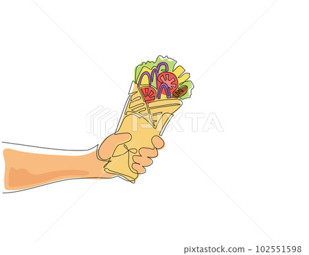 Single one line drawing hand holding shawarma food. Delicious arabic roll with meat, salad, tomato. Kebab with chicken and onion. For restaurant menu. Continuous line draw design vector illustration Single one line drawing hand holding shawarma food. Delicious arabic roll with meat, salad, tomato. Kebab with chicken and onion. For restaurant menu. Continuous line draw design vector illustration 102551598
