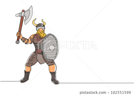 Single one line drawing big strong muscular orange warrior viking with axe and shield furiously attacks. Viking in horned helmet holding axe and shield. Continuous line draw design vector illustration Single one line drawing big strong muscular orange warrior viking with axe and shield furiously attacks. Viking in horned helmet holding axe and shield. Continuous line draw design vector illustration 102551599