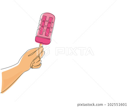 Single one line drawing hand holding popsicle. Ice cream on stick in human hands. Fruit juice ice cream. For restaurant or cafe drink menu. Continuous line draw design graphic vector illustration Single one line drawing hand holding popsicle. Ice cream on stick in human hands. Fruit juice ice cream. For restaurant or cafe drink menu. Continuous line draw design graphic vector illustration 102551601