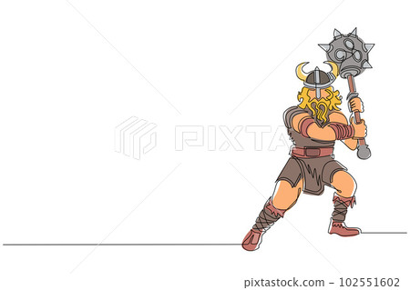 Single continuous line drawing viking warrior mascot swinging mace. Viking swing attack with mace. Viking barbarian with horned helmet swinging battle mace. Dynamic one line draw graphic design vector Single continuous line drawing viking warrior mascot swinging mace. Viking swing attack with mace. Viking barbarian with horned helmet swinging battle mace. Dynamic one line draw graphic design vector 102551602