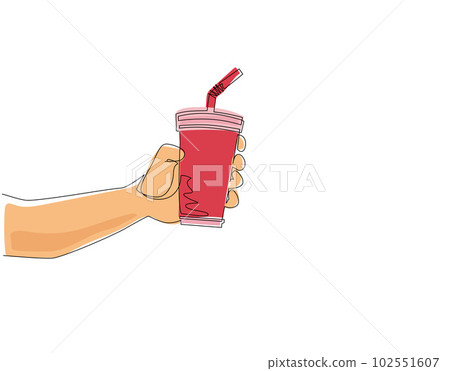 Single one line drawing hand hold paper cup. Male hand holding paper cup with straw on white background. For restaurant or cafe drink menu. Modern continuous line draw design vector illustration Single one line drawing hand hold paper cup. Male hand holding paper cup with straw on white background. For restaurant or cafe drink menu. Modern continuous line draw design vector illustration 102551607