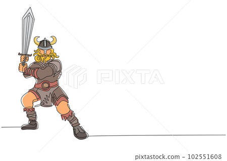 Continuous one line drawing viking warrior mascot swinging sword. Viking swing attack with sword. Viking barbarian with horned helmet swinging battle sword. Single line draw design vector illustration 102551608