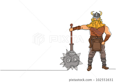 Continuous one line drawing male viking with strong physique, bellicose air stands holding mace. Norseman warrior wearing horned helmet with beard holding mace. Single line draw design vector graphic Continuous one line drawing male viking with strong physique, bellicose air stands holding mace. Norseman warrior wearing horned helmet with beard holding mace. Single line draw design vector graphic 102551631