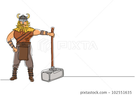 Single continuous line drawing male viking with strong physique and bellicose air stands holding hammer. Norseman warrior wearing horned helmet with beard holding hammer. One line draw design vector Single continuous line drawing male viking with strong physique and bellicose air stands holding hammer. Norseman warrior wearing horned helmet with beard holding hammer. One line draw design vector 102551635
