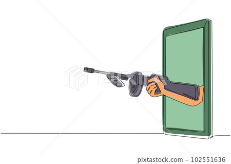 Single continuous line drawing hand holding Thompson submachine gun through mobile phone. Concept of mafia video games, e-sport, entertainment application for smartphones. One line draw design vector Single continuous line drawing hand holding Thompson submachine gun through mobile phone. Concept of mafia video games, e-sport, entertainment application for smartphones. One line draw design vector 102551636