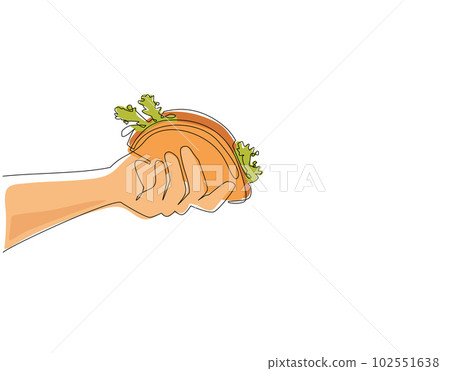 Single one line drawing hand holding mexican taco. Street junk food. Mexican meal. Hand holding tortilla. Bite and snack. For restaurant or cafe drink menu. Continuous line draw design graphic vector Single one line drawing hand holding mexican taco. Street junk food. Mexican meal. Hand holding tortilla. Bite and snack. For restaurant or cafe drink menu. Continuous line draw design graphic vector 102551638