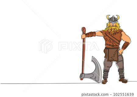 Continuous one line drawing male viking with strong physique and bellicose air stands holding axe. Norseman warrior wearing horned helmet with beard holding axe. Single line draw design vector graphic Continuous one line drawing male viking with strong physique and bellicose air stands holding axe. Norseman warrior wearing horned helmet with beard holding axe. Single line draw design vector graphic 102551639