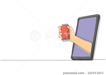 Continuous one line drawing hand holding soda can through mobile phone. Concept of cafe drink order delivery online food. Application for smartphones. Single line design vector graphic illustration 102551653