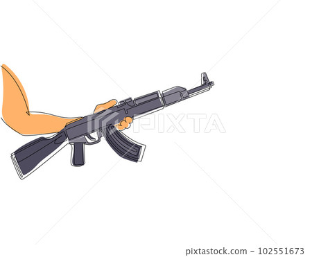 Single continuous line drawing hand holding AK 47 kalashnikov machine gun assault rifle. Weapon firearm terrorism concept. Military automatic rifle. One line draw graphic design vector illustration 102551673