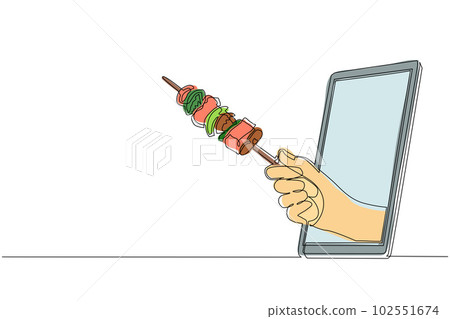 Single continuous line drawing hand holding kebab through mobile phone. Concept of restaurant order delivery online food. Application for smartphones. One line draw graphic design vector illustration 102551674