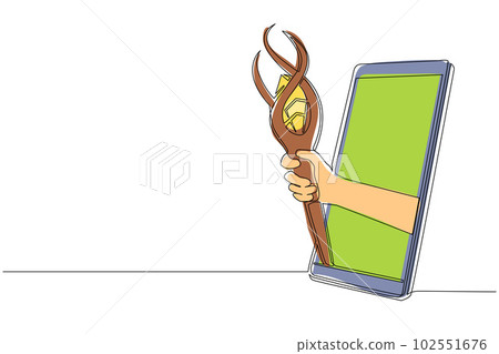 Continuous one line drawing hand holding wizards magic staff through mobile phone. Concept of mobile games, e-sport, entertainment application for smartphones. Single line draw design vector graphic 102551676