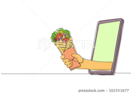 Single continuous line drawing hand holding shawarma through mobile phone. Restaurant order delivery online food concept. Application for smartphones. One line draw graphic design vector illustration 102551677