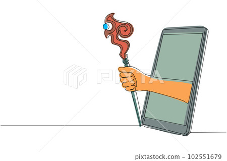 Single continuous line drawing hand holding wizards wooden staff through mobile phone. Concept of mobile games, e-sport, entertainment application for smartphones. One line draw graphic design vector 102551679