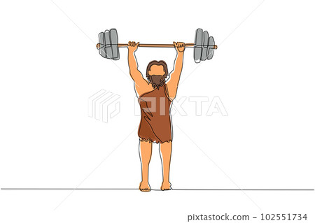Continuous one line drawing prehistoric man as weightlifter lifting barbell. Young man from the stone age. man keeping fit by weight lifting. Single line draw design vector graphic illustration 102551734