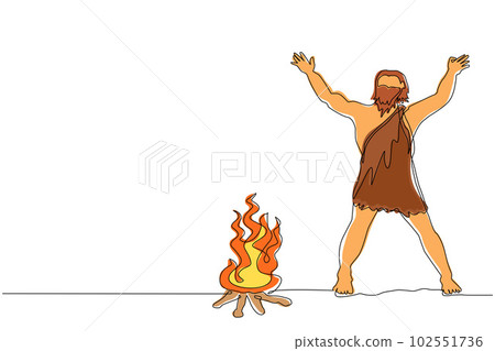 Single continuous line drawing prehistoric man standing around bonfire. Caveman stands and raised two of his hands around campfire. Warmth his body at night. One line draw design vector illustration 102551736