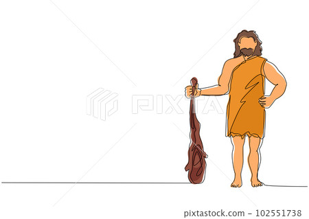 Single one line drawing caveman standing and holding big cudgel. Prehistoric bearded man dressed in animal pelt. Neanderthal hunter. Ancient homosapiens. Continuous line draw design graphic vector 102551738