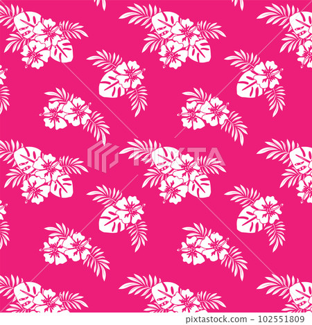 熱帶花卉木槿和龜背竹、檳榔棕櫚的無縫背景 102551809