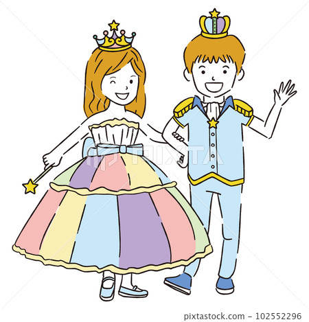 Line drawing Rainbow dress princess and prince child 102552296