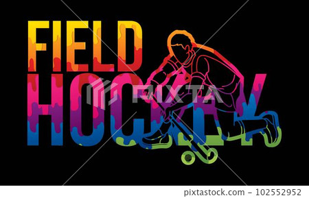 Field Hockey Font Text Design with Sport Player Cartoon Graphic Vector 102552952