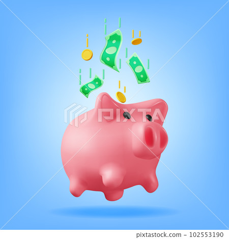 3D Piggy Bank with Coins and Banknotes 102553190