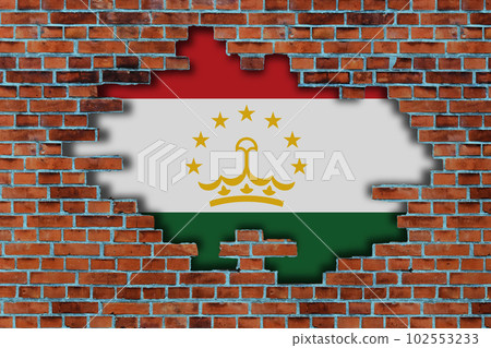 3D Flag of Tajikistan behind the broken old stone wall background. 102553233