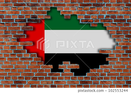 3D Flag of United Arab Emirates behind the broken old stone wall background. 102553244