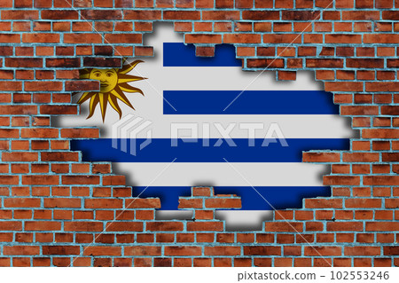 3D Flag of Uruguay behind the broken old stone wall background. 3D Flag of Uruguay behind the broken old stone wall background. 102553246