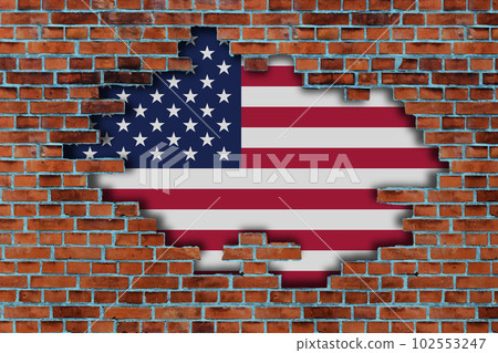 3D Flag of United States of America behind the broken old stone wall background. 3D Flag of United States of America behind the broken old stone wall background. 102553247