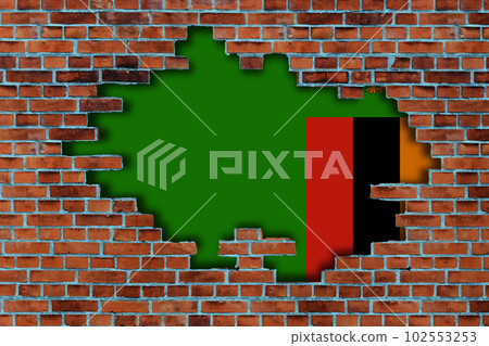 3D Flag of Zambia behind the broken old stone wall background. 102553253