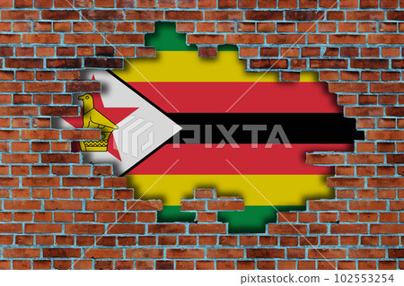 3D Flag of Zimbabwe behind the broken old stone wall background. 102553254