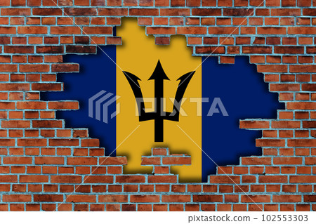 3D Flag of Barbados behind the broken old stone wall background. 102553303