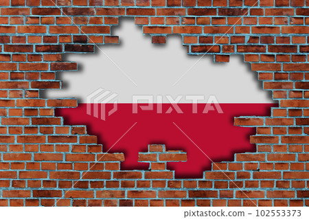 3D Flag of Poland behind the broken old stone wall background. 3D Flag of Poland behind the broken old stone wall background. 102553373