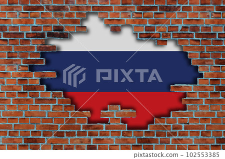 3D Flag of Russia behind the broken old stone wall background. 102553385