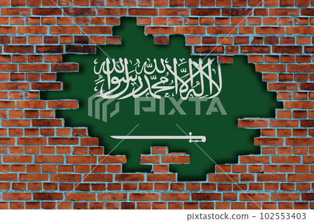 3D Flag of Saudi Arabia behind the broken old stone wall background. 3D Flag of Saudi Arabia behind the broken old stone wall background. 102553403