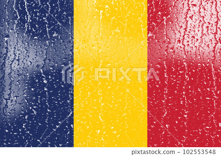 3D Flag of Chad on a glass with water drop background. 3D Flag of Chad on a glass with water drop background. 102553548