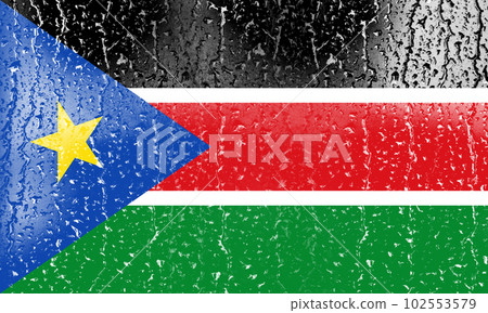 3D Flag of South Sudan on a glass with water drop background. 102553579