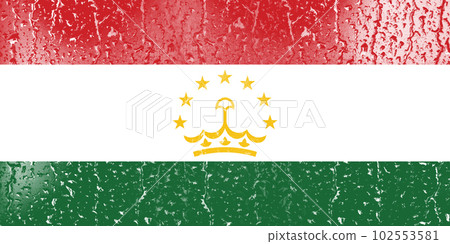 3D Flag of Tajikistan on a glass with water drop background. 102553581